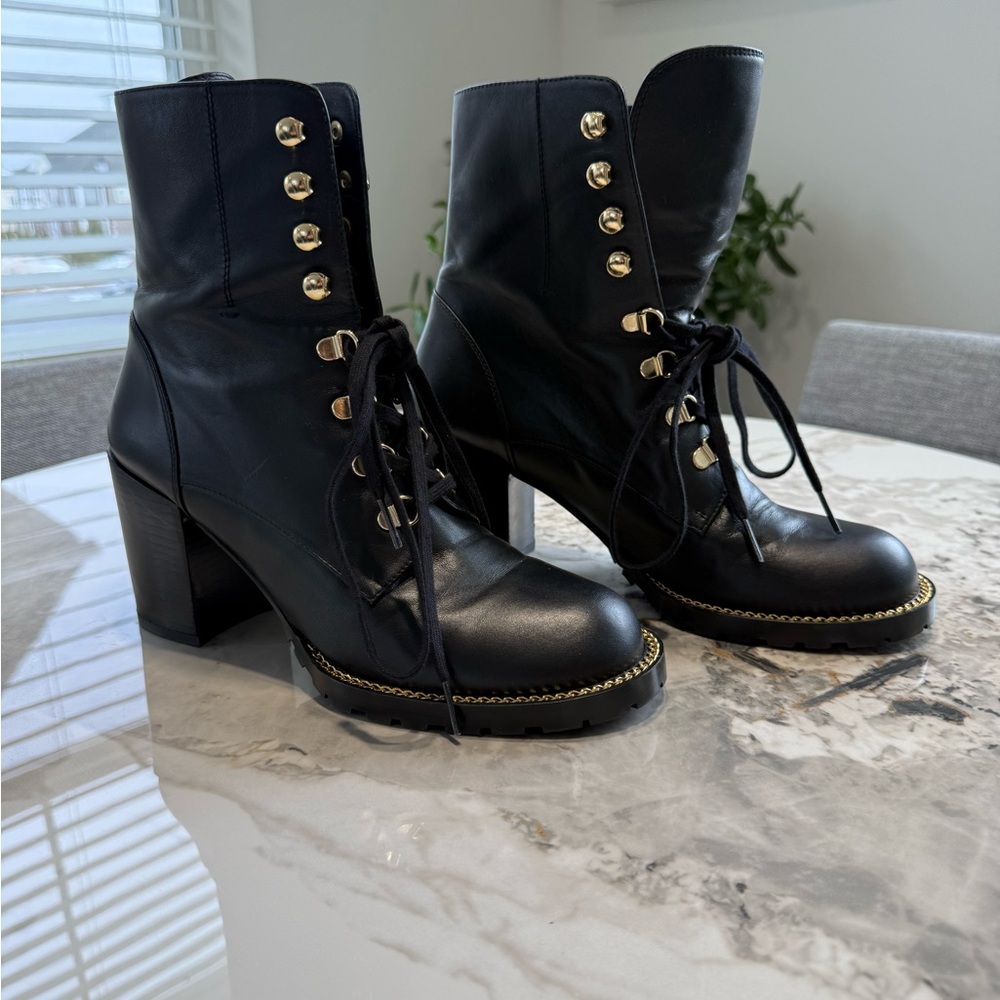 Stuart Weitzman Black Lace-Up Boots with Gold Accents
